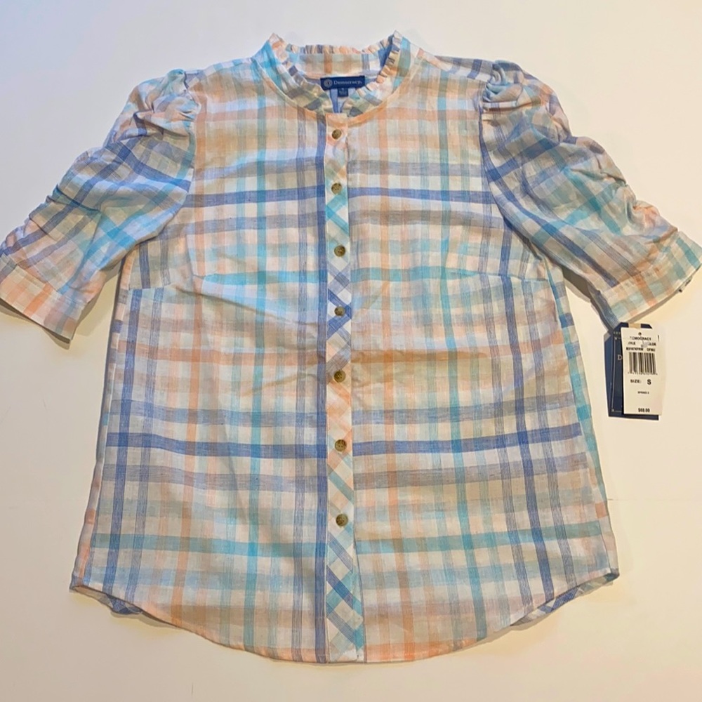Democracy Small Short Sleeve Button Blouse New Checkered Top  D27e